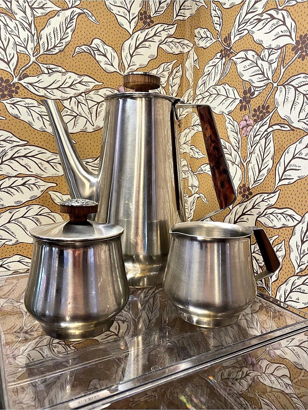Vintage stainless steel teakwood coffee service